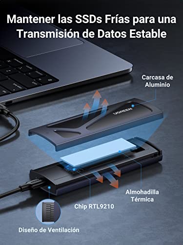 UGREEN Carcasa M.2 Disco Duro, NVME PCIE Caja con UASP Cable USB A to C 0,25m, Adaptador para SSD M.2 SATA M Key, B y M Key, Compatible con 2230/2242/2260/2280 Negro